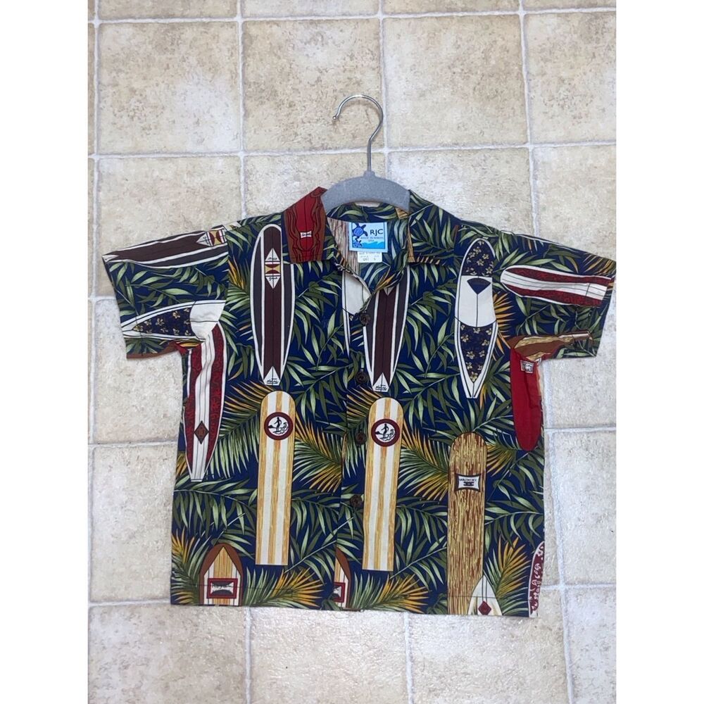 VTG, Kids RJC Made In USA Hawaiian Surfboard Camp Shirt - Green Brown & Red Sz,5